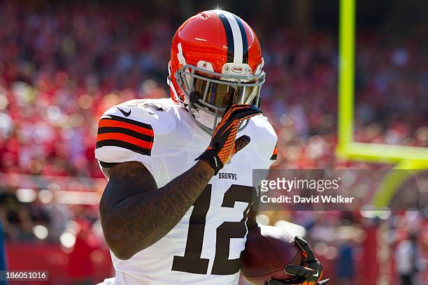 Wide receiver Josh Gordon of the Cleveland Browns celebrates after scoring a touchdown during the game against the Kansas City Chiefs at Arrowhead...