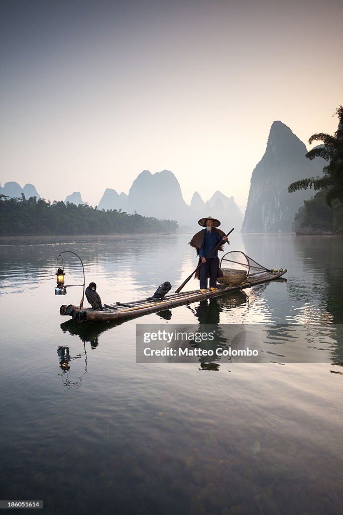 Fisherman with cormorants on river, Guilin, China