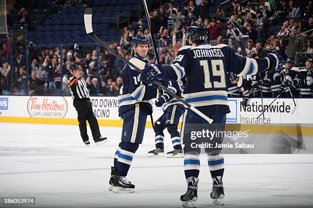 Blake Comeau of the Columbus Blue Jackets celebrates his first period goal with teammate Ryan Johansen of the Columbus Blue Jackets on October 27,...