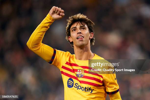 Joao Felix of FC Barcelona celebrates after scoring their side's first goal during the LaLiga EA Sports match between Valencia CF and FC Barcelona at...