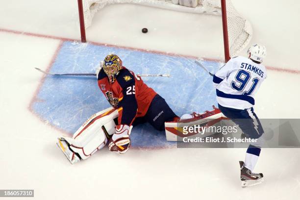 Steven Stamkos of the Tampa Bay Lightning shoots and scores in a shoot out against Goaltender Jacob Markstrom of the Florida Panthers at the BB&T...