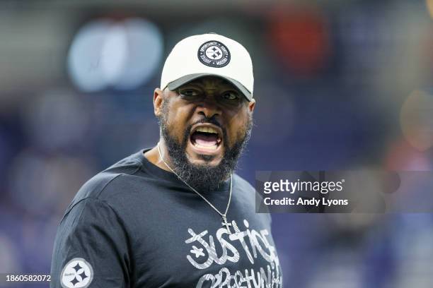 Head coach Mike Tomlin of the Pittsburgh Steelers yells prior to a game against the Indianapolis Colts at Lucas Oil Stadium on December 16, 2023 in...