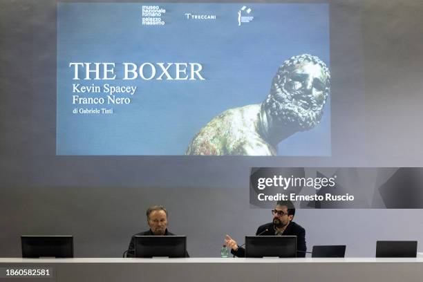 Franco Nero and Gabriele Tinti attend as Franco Nero and Kevin Spacey read Gabriele Tinti's poems at Palazzo Massimo alle Terme on December 16, 2023...