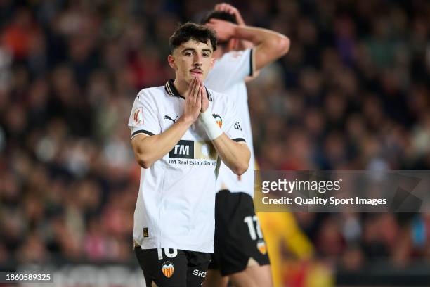 Diego Lopez Left Winger of Valencia CF react during the LaLiga EA Sports match between Valencia CF and FC Barcelona at Estadio Mestalla on December...