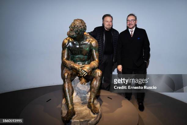 Franco Nero and Kevin Spacey attend as Franco Nero and Kevin Spacey read Gabriele Tinti's poems at Palazzo Massimo alle Terme on December 16, 2023 in...