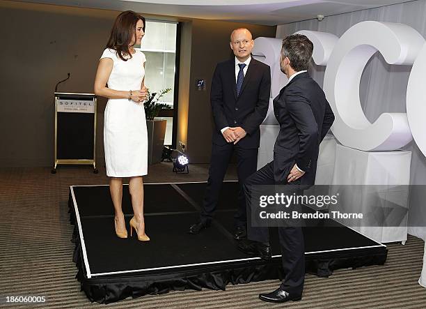 Princess Mary of Denmark, General Manager ECCO Shoes, Morten Lauge and Prince Frederik of Denmark speak at an offical ceremony of the Diploma of the...