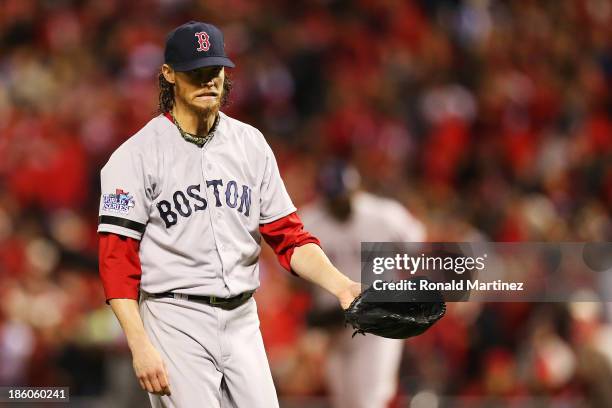 Clay Buchholz of the Boston Red Sox reacts against the St. Louis Cardinals during Game Four of the 2013 World Series at Busch Stadium on October 27,...