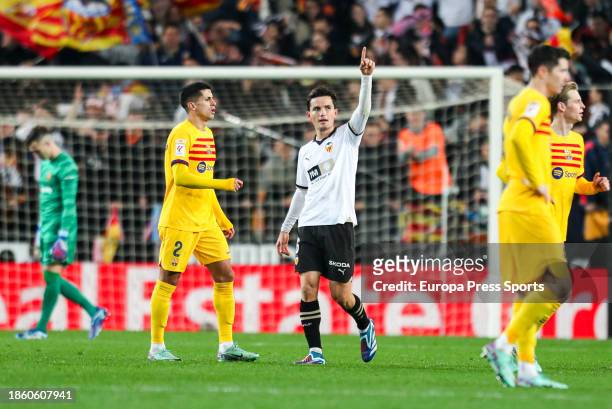 Hugo Guillamon of Valencia celebrates a goal with teammates during the spanish league, La Liga EA Sports, football match played between Valencia CF...