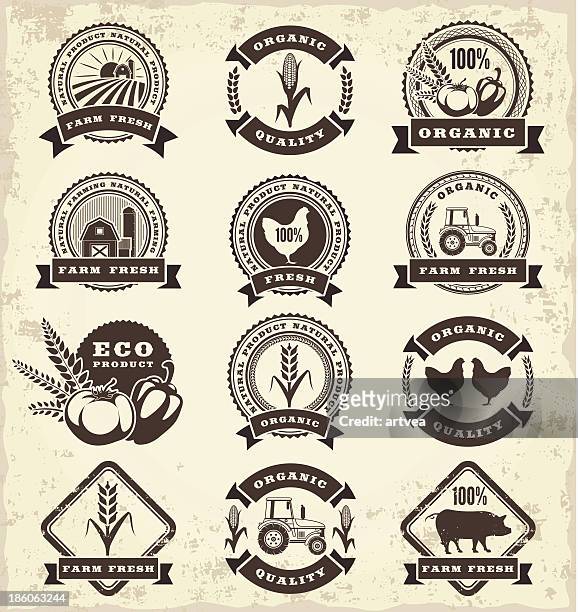 badge and ribbon set - rooster print stock illustrations