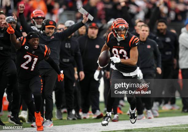 Tyler Boyd of the Cincinnati Bengals runs with the ball after making a reception in overtime of the game against the Minnesota Vikings at Paycor...