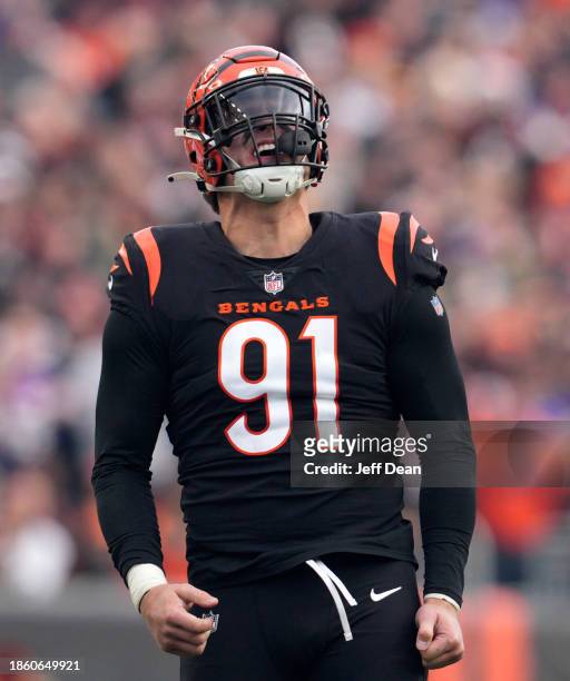 Trey Hendrickson of the Cincinnati Bengals reacts after a play in the second half of the game against the Minnesota Vikings at Paycor Stadium on...