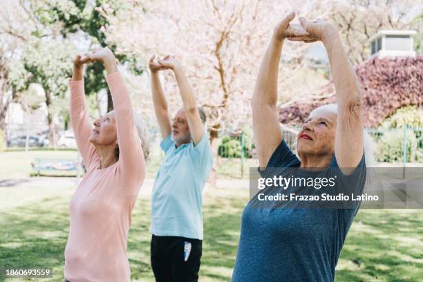 seniors practicing yoga outdoors - yoga studio exterior stock pictures, royalty-free photos & images