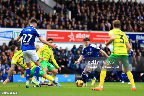 Nathan Broadhead of Ipswich Town and Shane Duffy of Norwich City compete for the ball during the Sky Bet Championship match between Ipswich Town and...