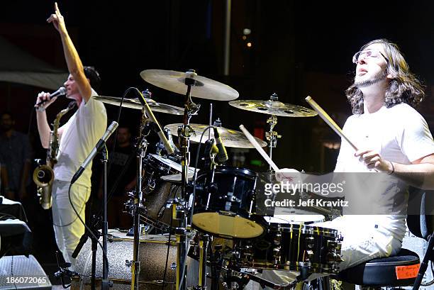 Musicians Dominic Lalli and Jeremy Salken of Big Gigantic perform onstage during day 2 of the Life is Beautiful festival on October 27, 2013 in Las...