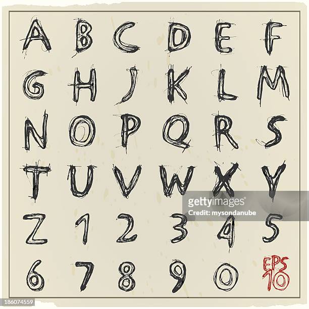 vector hand drawn grunge alphabet - textured font stock illustrations
