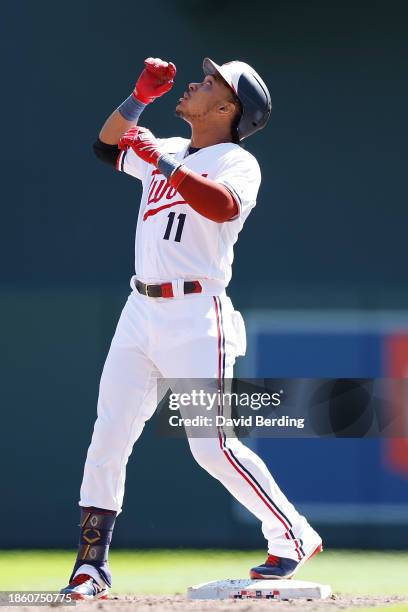 Jorge Polanco of the Minnesota Twins celebrates his double against the Tampa Bay Rays in the third inning at Target Field on September 13, 2023 in...