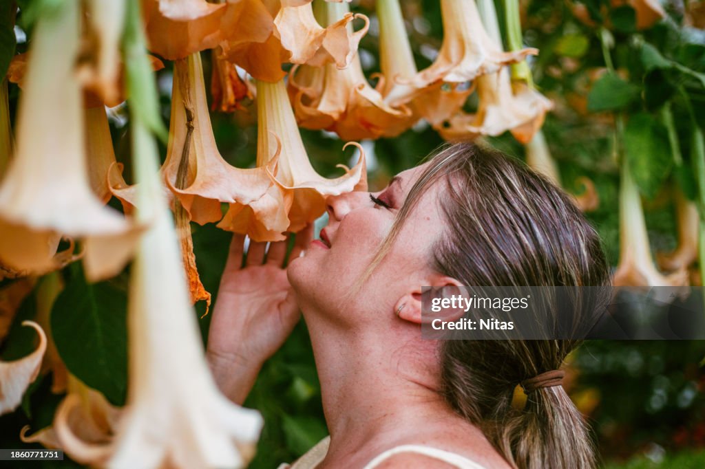 Female smelling Angel trumpet flowers
