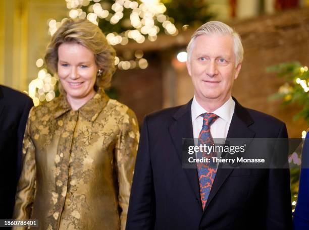Queen Mathilde of Belgium and the Belgium King Philippe pose in front of the Christmas tree on December 19, 2023 in Brussels, Belgium. On the...