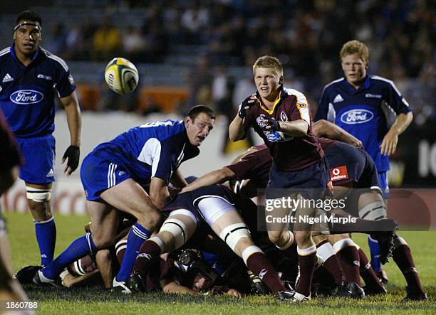 Josh Valentine of the Reds clears from the ruck during the Super 12 game between the Blues and the Queensland Reds at ITM Stadium in Whangarei, New...
