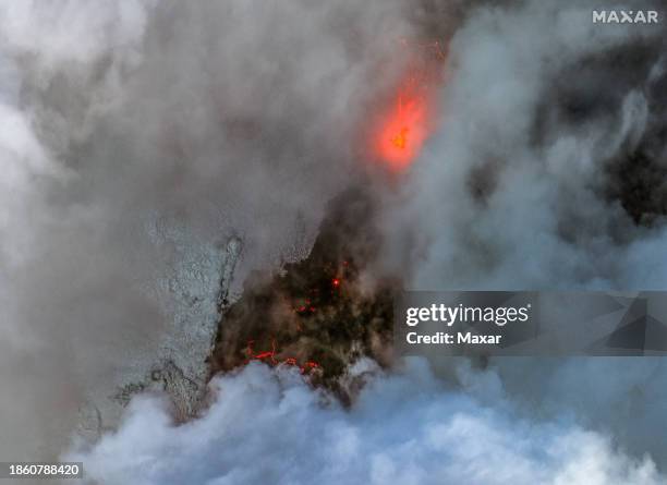 Maxar closeup infrared satellite imagery of the lava field from the volcanic eruption north of Grindavik, Iceland. Please use: Satellite image 2023...