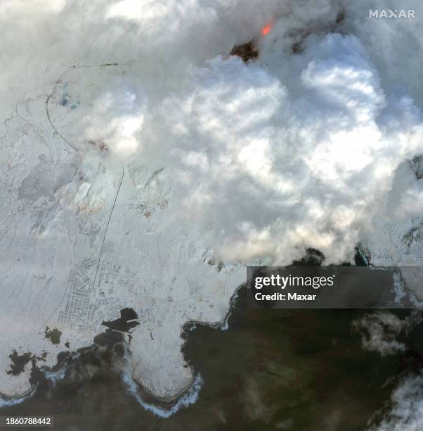 Maxar overview infrared satellite imagery of the lava field from the volcanic eruption north of Grindavik, Iceland. Please use: Satellite image 2023...