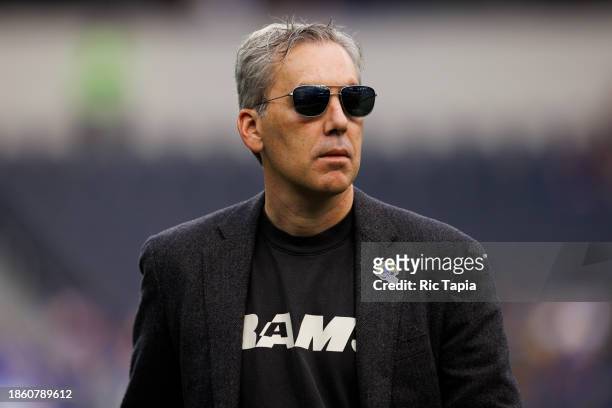 Kevin Demoff COO of the Los Angeles Rams walks off the field during a game against the Washington Commanders at SoFi Stadium on December 17, 2023 in...