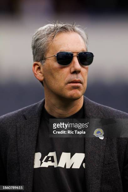 Kevin Demoff COO of the Los Angeles Rams walks off the field during a game against the Washington Commanders at SoFi Stadium on December 17, 2023 in...