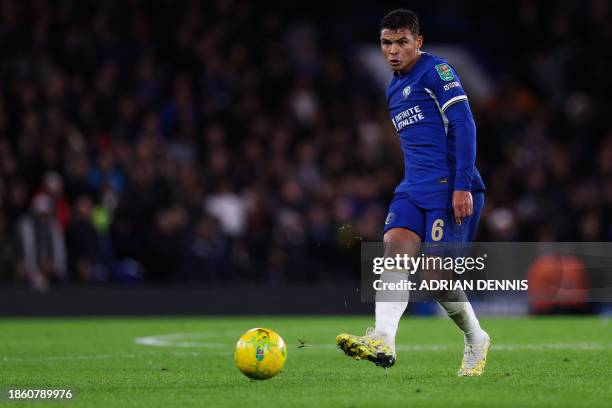 Chelsea's Brazilian defender Thiago Silva controls the ball during the English League Cup quarter-final football match between Chelsea and Newcastle...