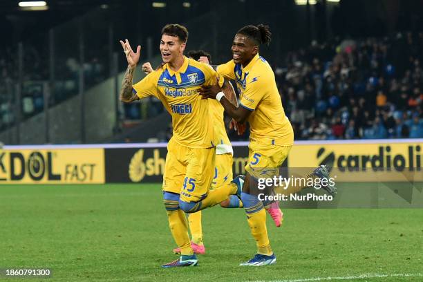 Enzo Barrenechea of Frosinone Calcio celebrates after scoring during the Coppa Italia match between SSC Napoli and Frosinone Calcio at Stadio Diego...