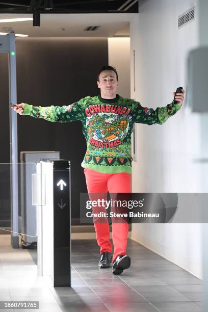 Brad Marchand of the Boston Bruins arrives before the game against the Minnesota Wild on December 19, 2023 at the TD Garden in Boston, Massachusetts.