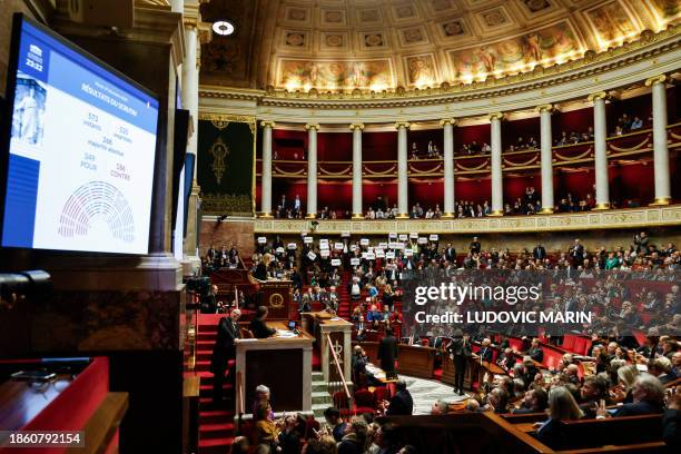 Left-wing coalition NUPES members of parliament hold signs reading "Liberte", "Egalite", "fraternite" French for 'liberty, equality, fraternity', the...