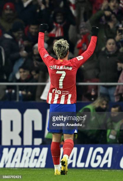 Antoine Griezmann of Atletico Madrid celebrates after scoring a goal during La Liga week 18 football match between Atletico Madrid and Getafe at...