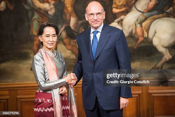 Nobel Peace Laureate Aung San Suu Kyi meets with Italian Prime Minister Enrico Letta at Palazzo Chigi on October 28, 2013 in Rome, Italy. Aung San...