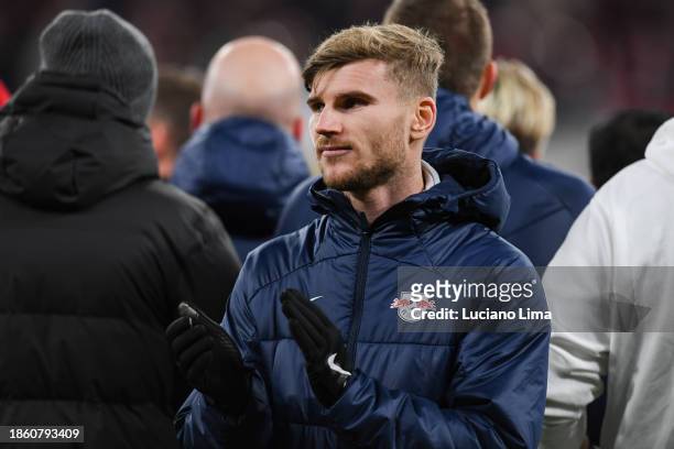 Timo Werner of RB Leipzig claps during the farewell celebration of Emil Forsberg of RB Leipzig after the Bundesliga match between RB Leipzig and TSG...