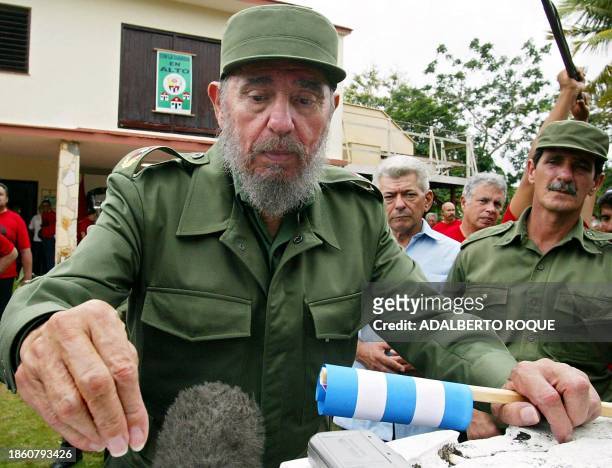 Cuban President Fidel Castro speaks to journalists 15 June 2002 in Cacahual, Havana, about a referendum document enshrining socialism in the...