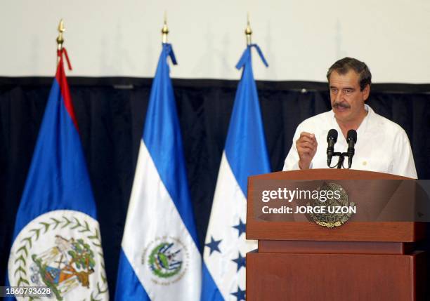 Mexican President, Vicente Fox, gives a speech during the closing ceremony for the V Summit of the Mechanism of Tuxtla, in Merida, Mexico, 28 June...