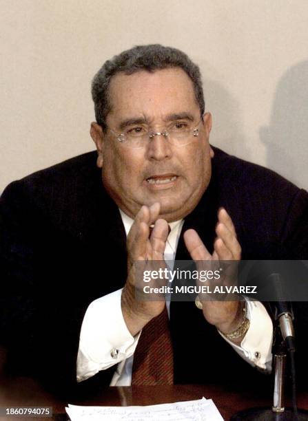 Photo taken of the Nicaraguan ex-president Arnoldo Aleman during a press conference, 19 February 2002, at the Asamblea Nacional in Managua....