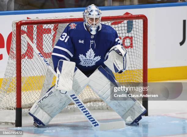 Martin Jones of the Toronto Maple Leafs warms up prior to a game against the New York Rangers in an NHL game at Scotiabank Arena on December 19, 2023...