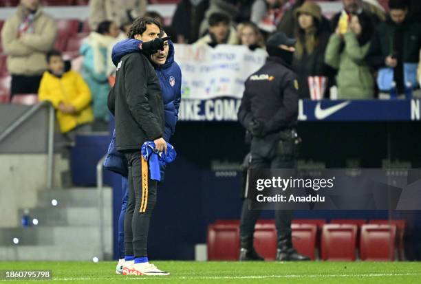 Caglar Soyuncu of Getafe and Enes Unal of Getafe greet each other after La Liga week 18 football match between Atletico Madrid and Getafe at Civitas...