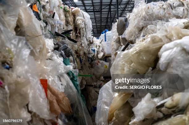 Rows of plastic material await processing at a chemical recycling facility for ExxonMobil on October 11, 2023 in Baytown, Texas. ExxonMobil's...