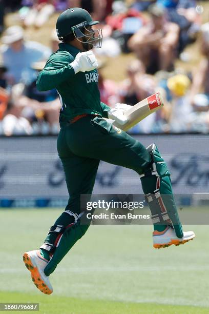 Soumya Sarkar of Bangladesh celebrates scoring a century during game two of the Men's ODI series between New Zealand and Bangladesh at Saxton Field...