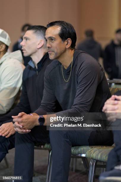 Head Coach Erik Spoelstra of the Miami Heat sits court side during the Raptors 905 game against the Sioux Falls Skyforce during the 2023 G League...