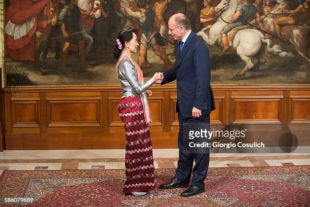 Nobel Peace Laureate Aung San Suu Kyi meets with Italian Prime Minister Enrico Letta at Palazzo Chigi on October 28, 2013 in Rome, Italy. Aung San...