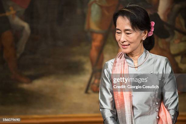 Nobel Peace Laureate Aung San Suu Kyi attends a meeting with Italian Prime Minister Enrico Letta at Palazzo Chigi on October 28, 2013 in Rome, Italy....