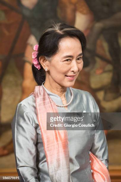 Nobel Peace Laureate Aung San Suu Kyi attends a meeting with Italian Prime Minister Enrico Letta at Palazzo Chigi on October 28, 2013 in Rome, Italy....