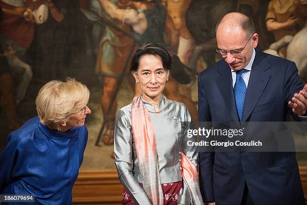 Italian Foreign Ministry Emma Bonino , Nobel Peace Laureate Aung San Suu Kyi and Italian Prime Minister Enrico Letta meet at Palazzo Chigi on October...