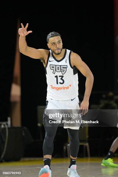 Kevin Obanor of the Raptors 905 celebrates a three point basket during the game against the Sioux Falls Skyforce during the 2023 G League Winter...