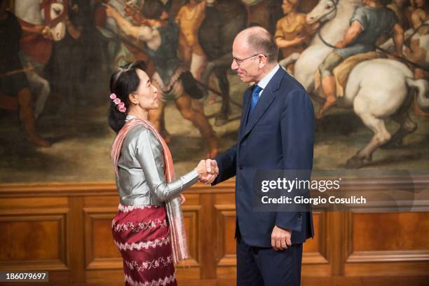 Nobel Peace Laureate Aung San Suu Kyi meets with Italian Prime Minister Enrico Letta at Palazzo Chigi on October 28, 2013 in Rome, Italy. Aung San...