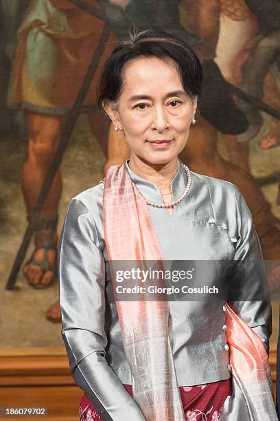 Nobel Peace Laureate Aung San Suu Kyi attends a meeting with Italian Prime Minister Enrico Letta at Palazzo Chigi on October 28, 2013 in Rome, Italy....