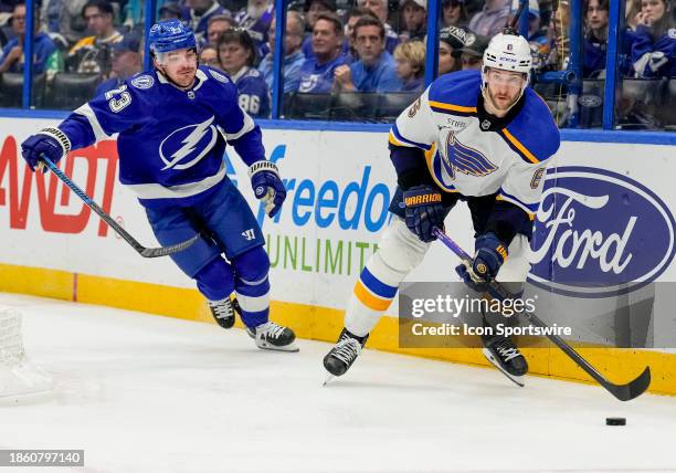 St. Louis Blues defenseman Marco Scandella looks to make a pass during the NHL Hockey match between the Tampa Bay Lightning and St Louis Blues on...